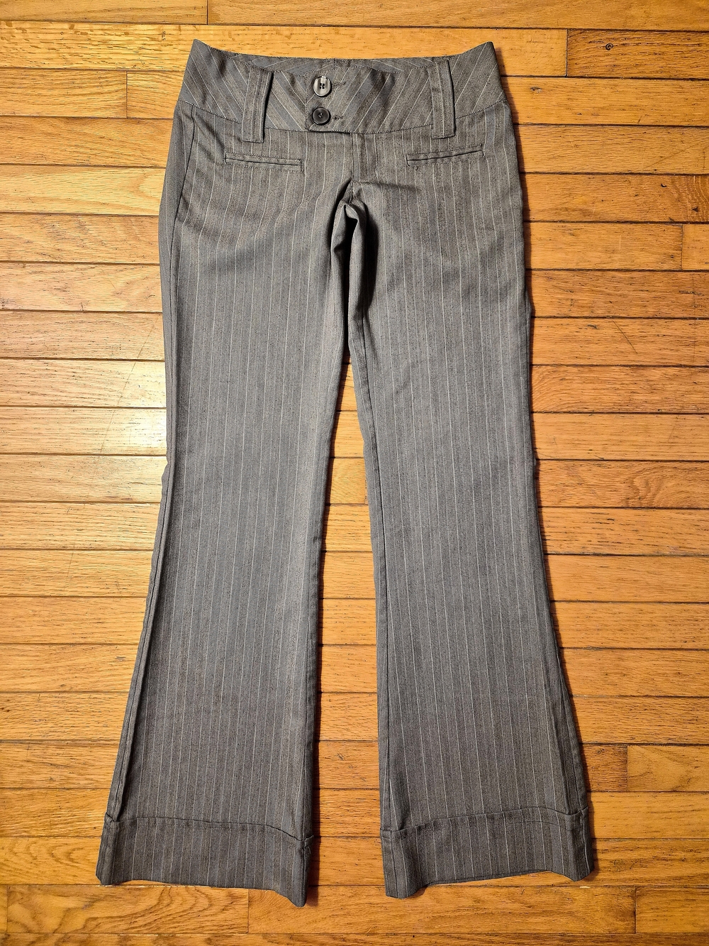 Spacegirlz Y2K Gray Pinstripe Flare Pants Low Rise Cuffed Trouser Size 3